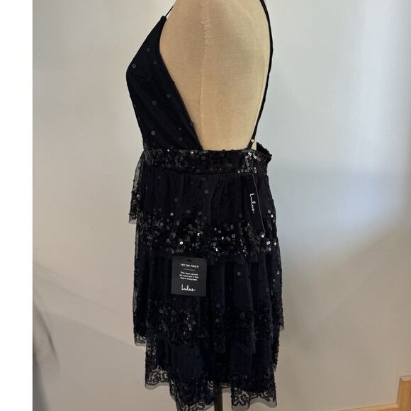 NWT LULUS Reflect Radiance Black Tulle Sequin Tiered Mini Dress L, Goth fairy - Picture 2 of 8